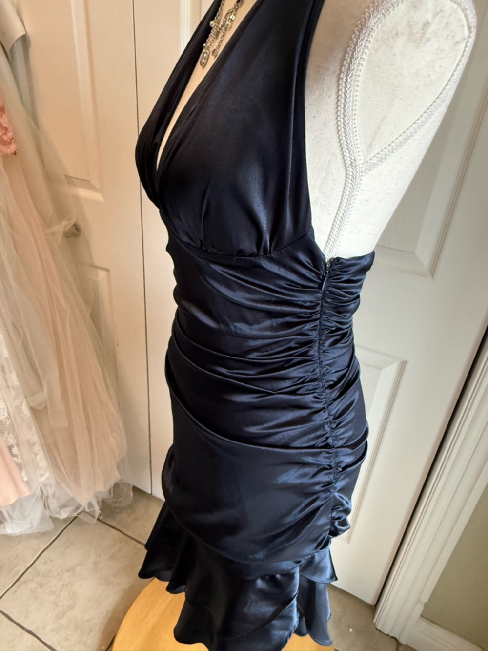 Morgan & Co. Navy Satin Halter Asymmetrical Ruffle Dress - Picture 9 of 14